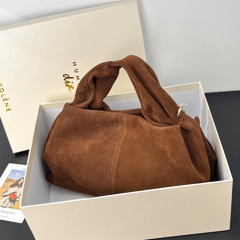 Polene Suede Shoulder Bag in Chestnut Brown - Picture 6 of 9